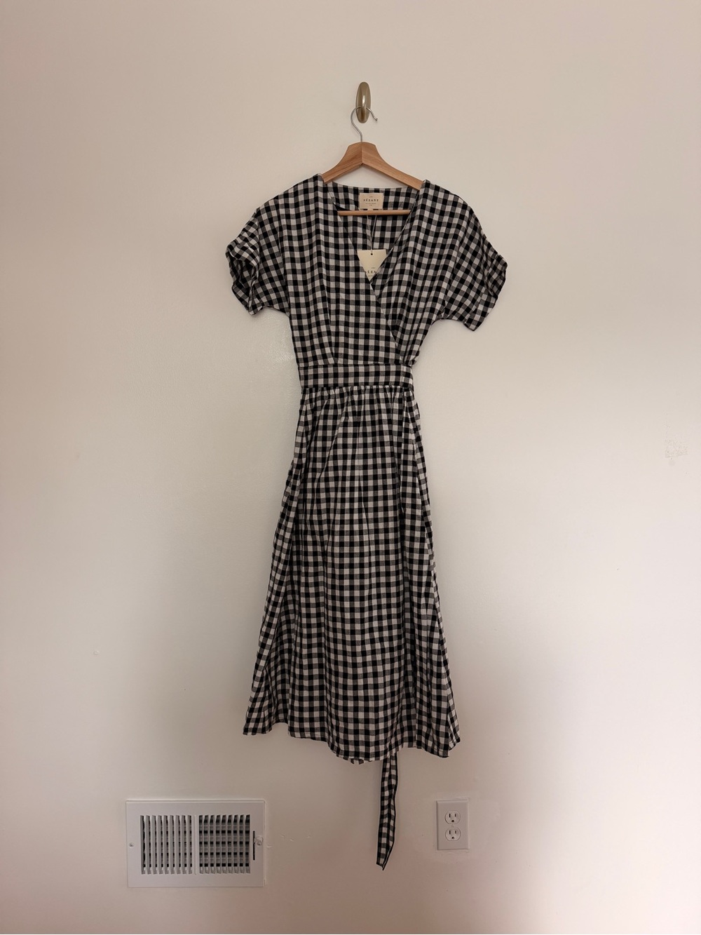 Sezane Marielle Gingham Wrap Midi Dress Black White Vichy Size US 6 NWT - Picture 2 of 6